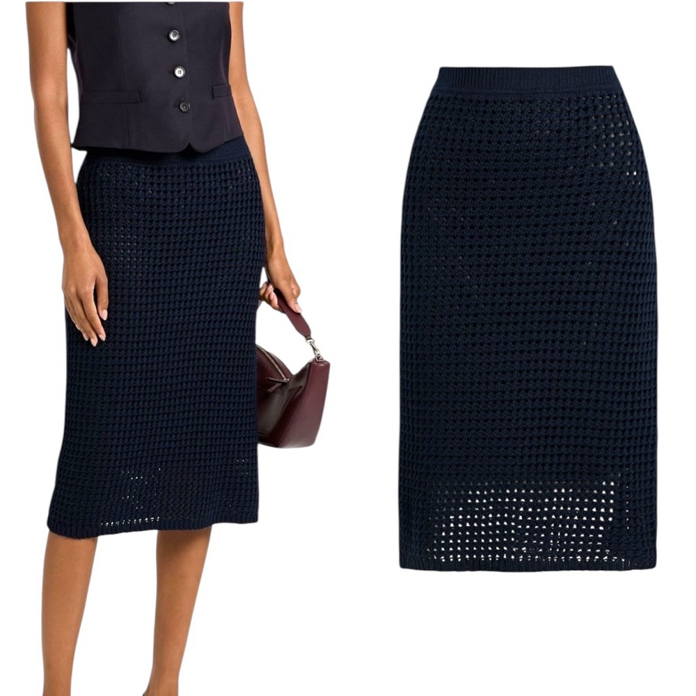 NWT Theory Navy Blue Crochet Cotton Textured Knit Midi Pencil Skirt - M